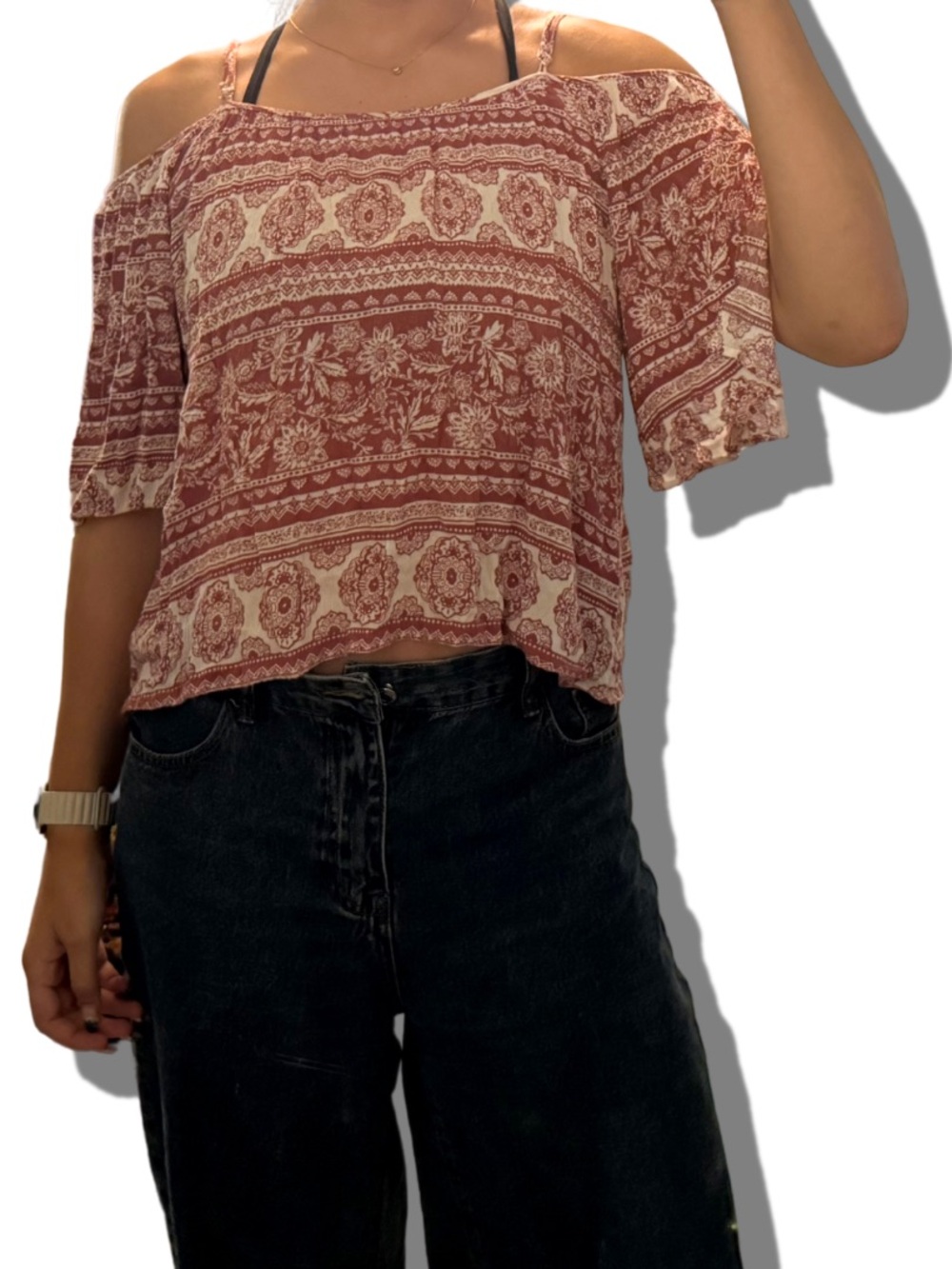 Timing Women's Off-Shoulder Floral Stripe Crop Top — Rustic Red & Cream